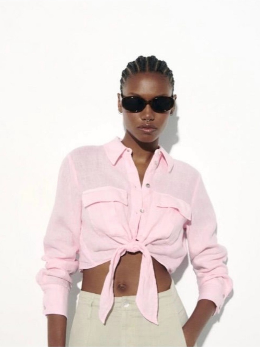 Zara Light Pink Tie-Front Button-Down Shirt